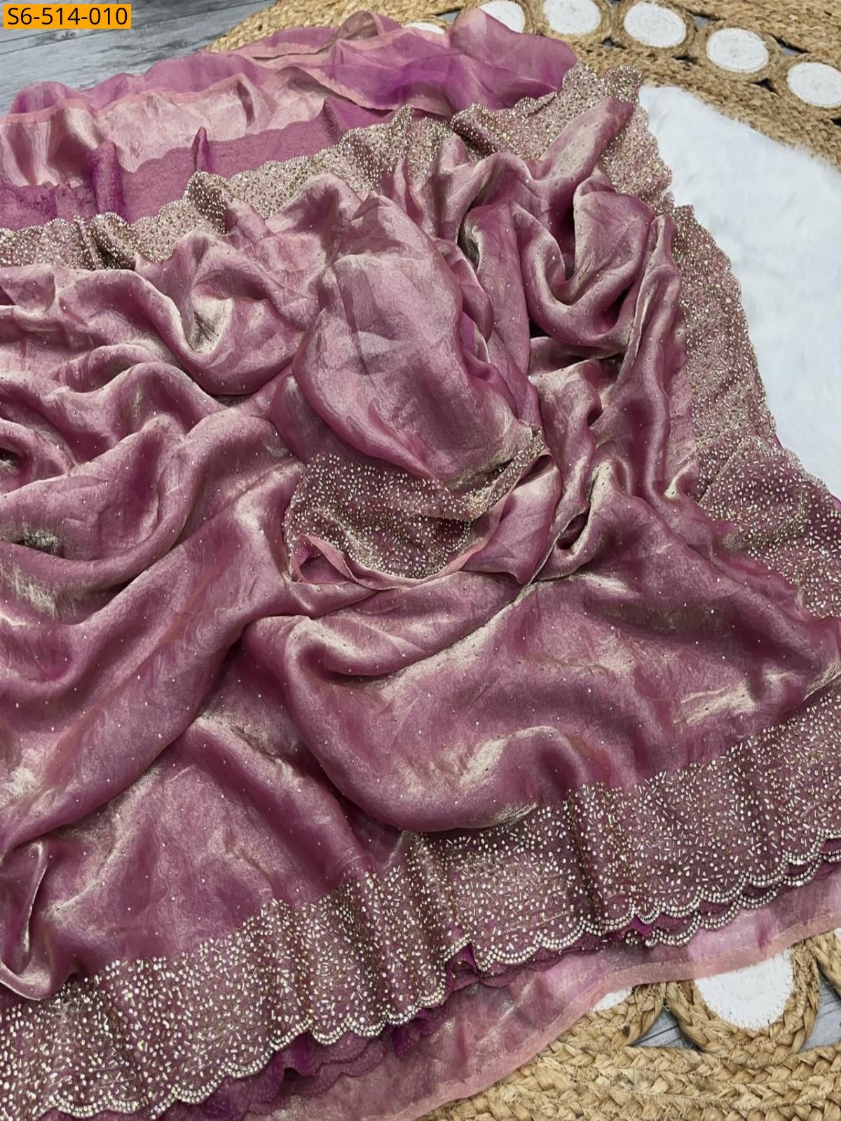 Pink Fancy Space Sattin Soft Silk Saree