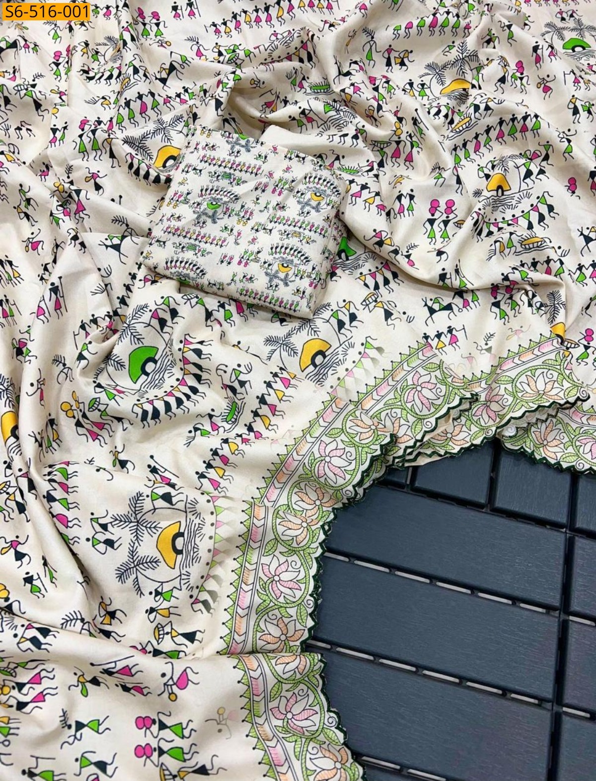 Half white Soft Korean Tusser Silk  Saree