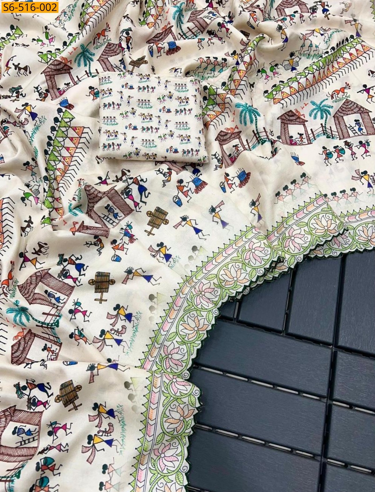 Half white Soft Korean Tusser Silk  Saree