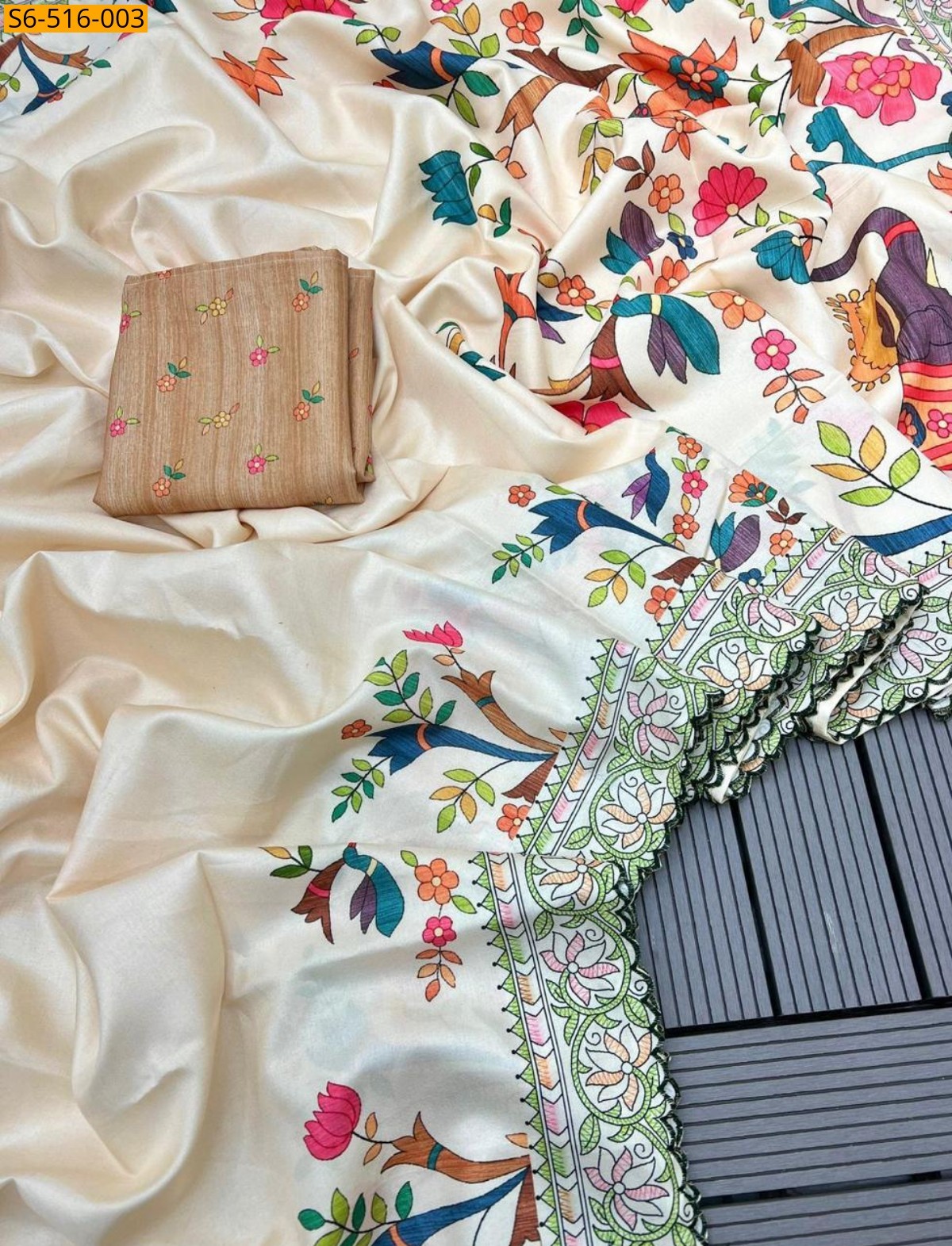 Half white Soft Korean Tusser Silk  Saree