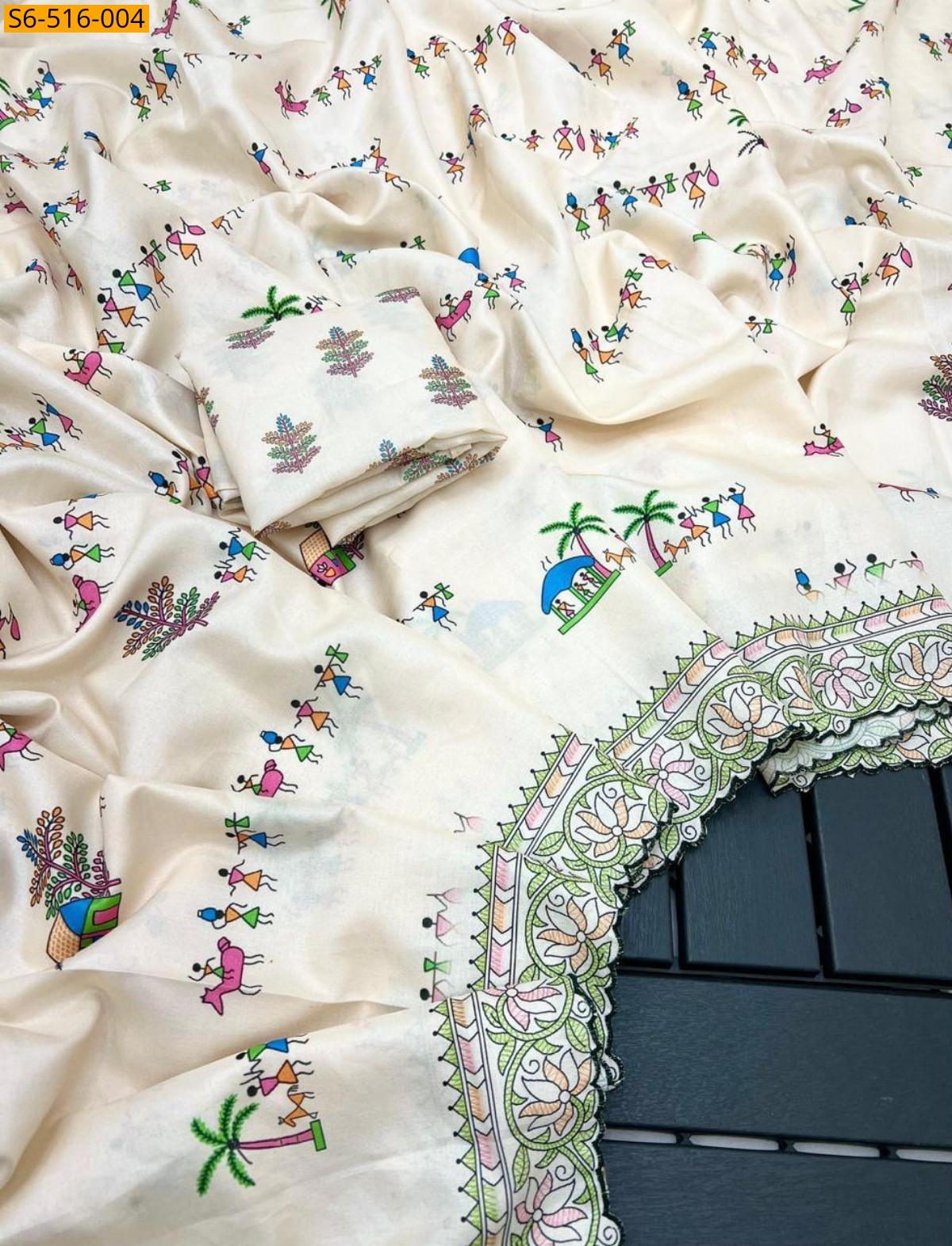 Half white Soft Korean Tusser Silk  Saree