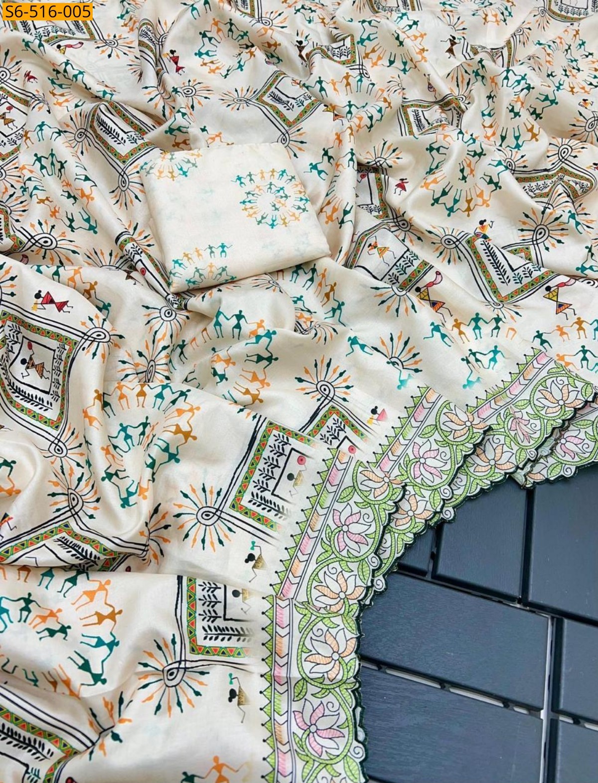 Half white Soft Korean Tusser Silk  Saree