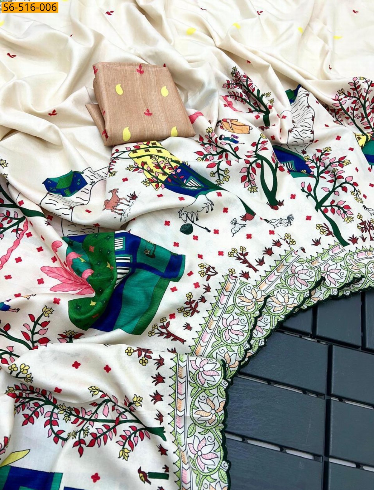 Half white Soft Korean Tusser Silk  Saree