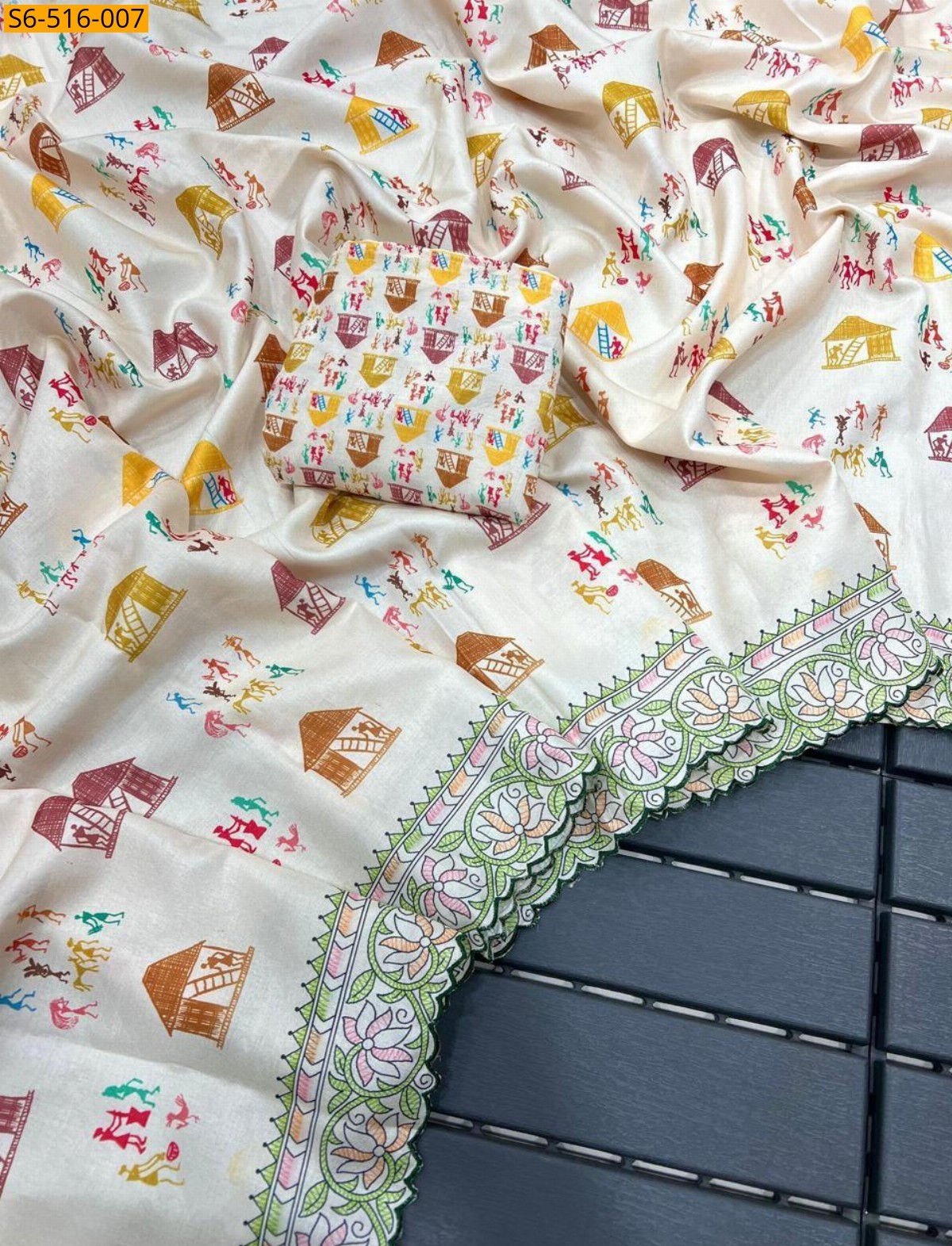 Half white Soft Korean Tusser Silk  Saree