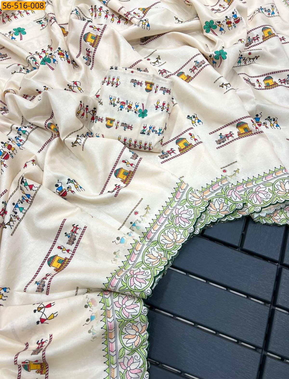 Half white Soft Korean Tusser Silk  Saree