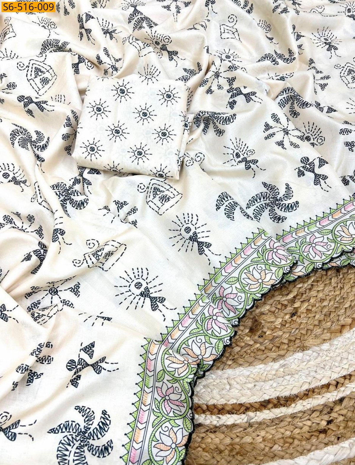 Half white Soft Korean Tusser Silk  Saree