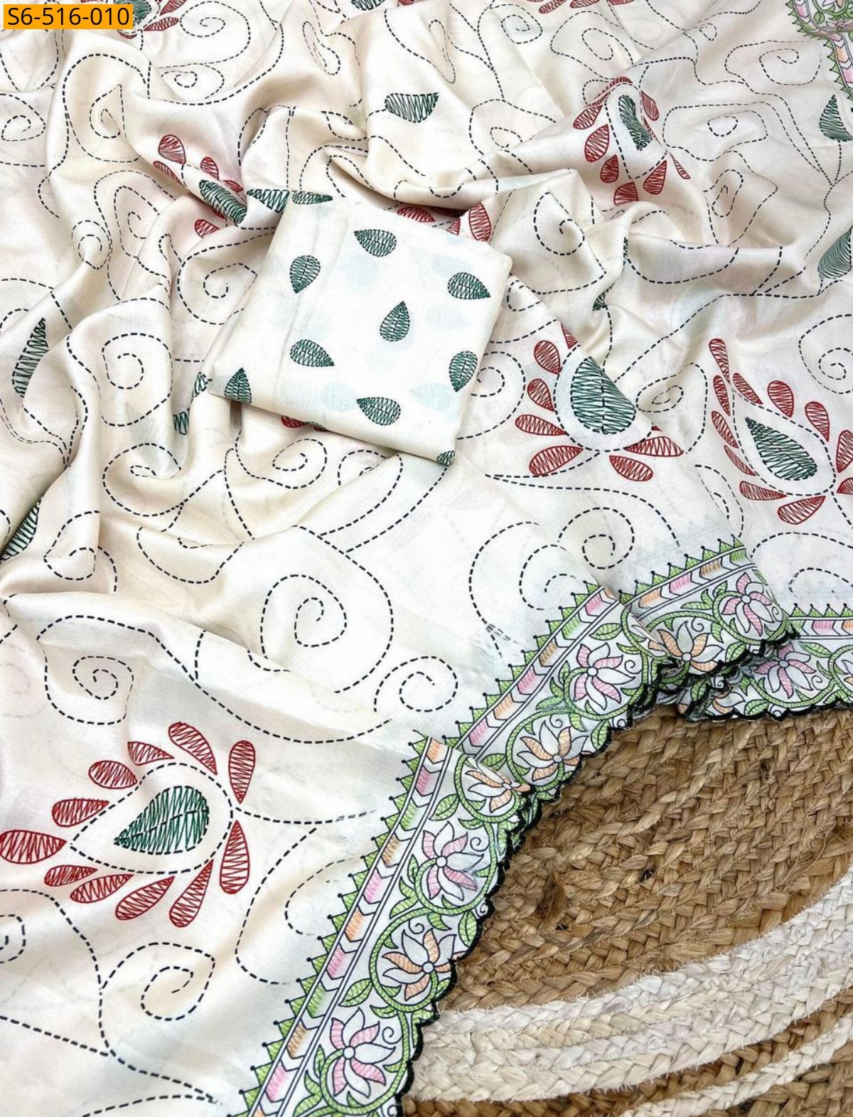 Half white Soft Korean Tusser Silk  Saree