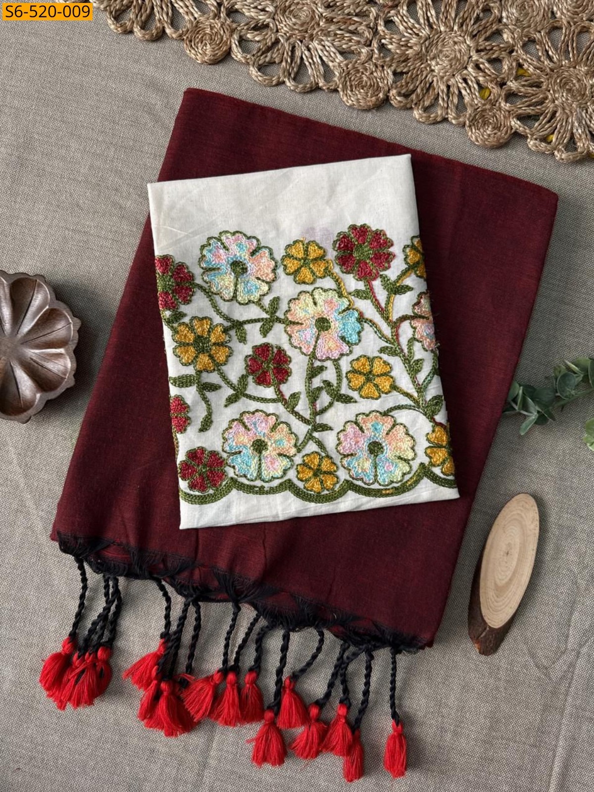 Maroon Khadi Cotton Saree