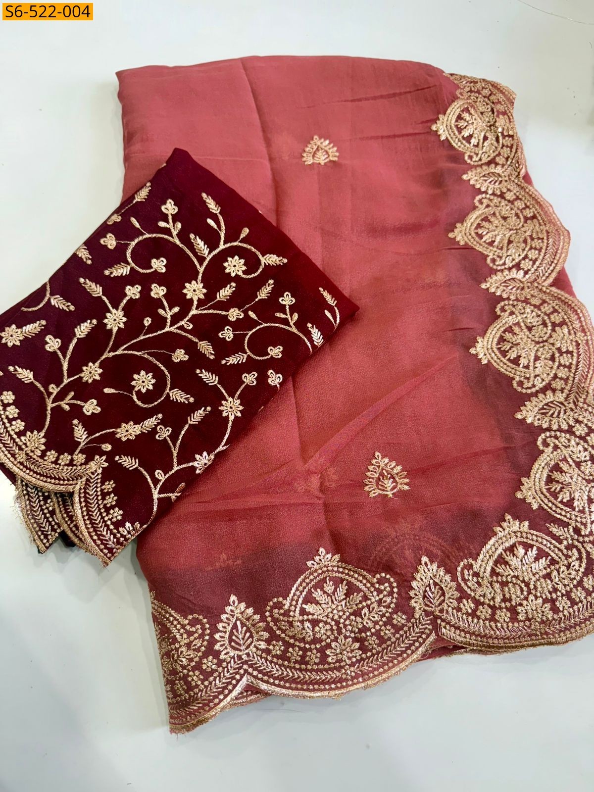 Peach Star Georgette Multi Embroidery Saree