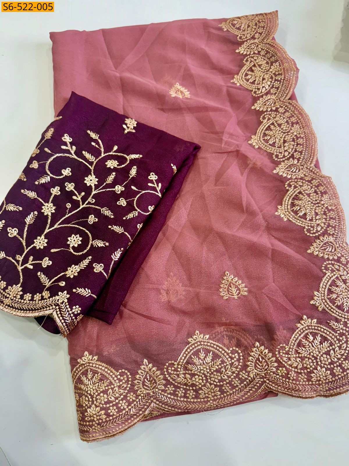 Peach Star Georgette Multi Embroidery Saree