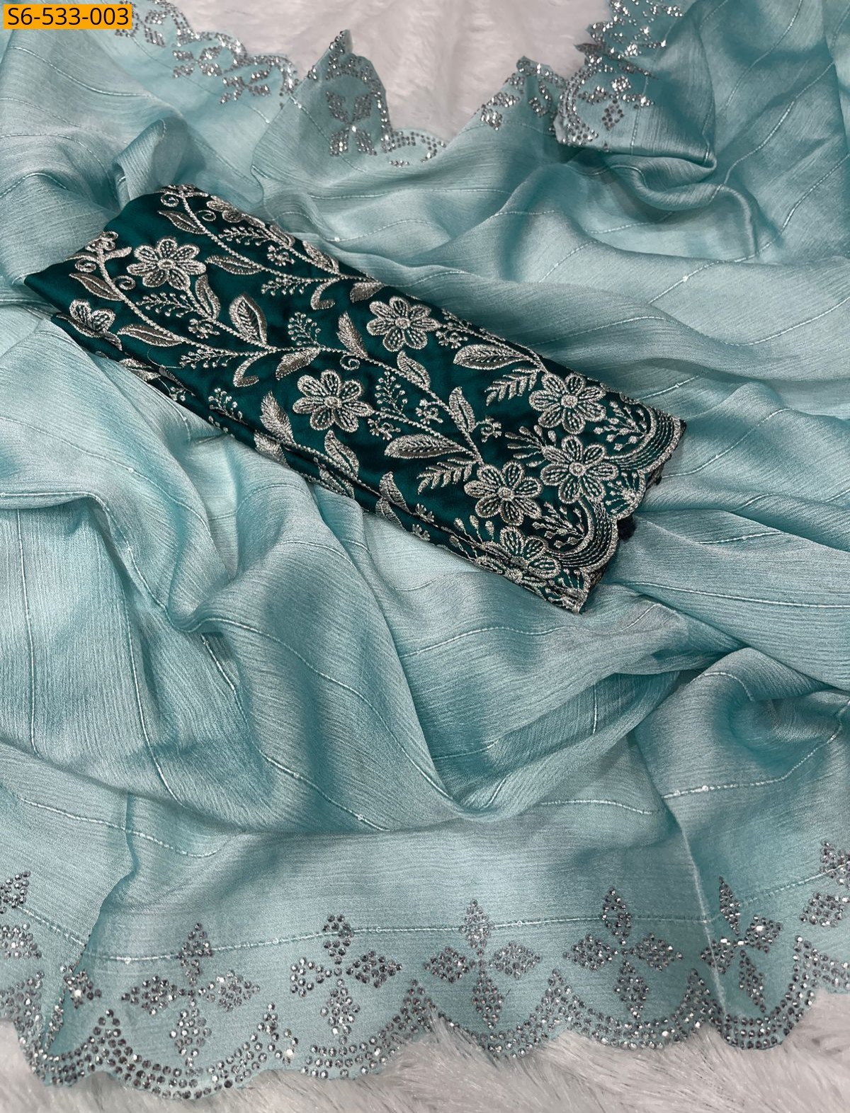 Sky blue Fancy Moss Chiffon saree