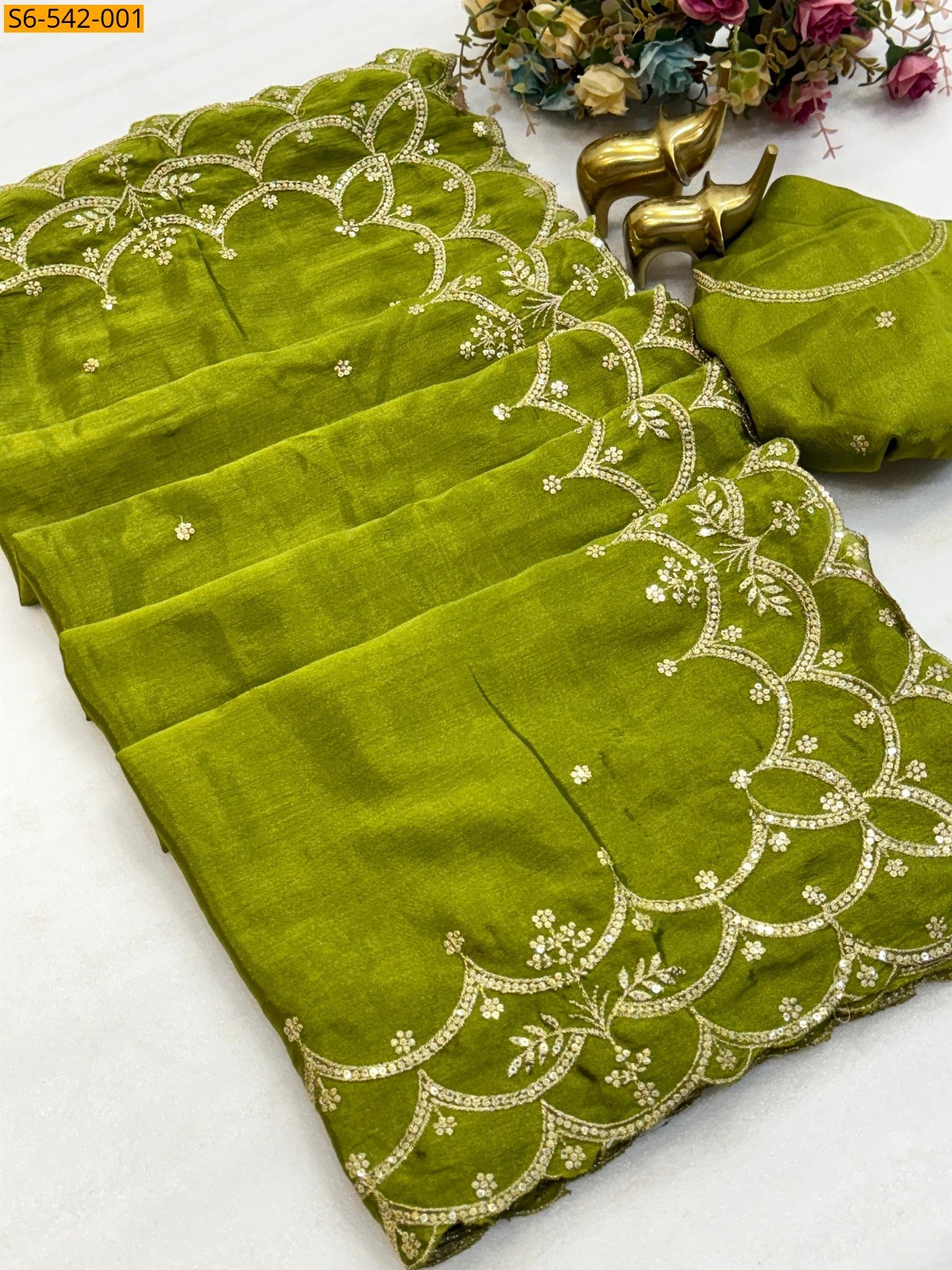Green Fancy chinnon silk Sarees