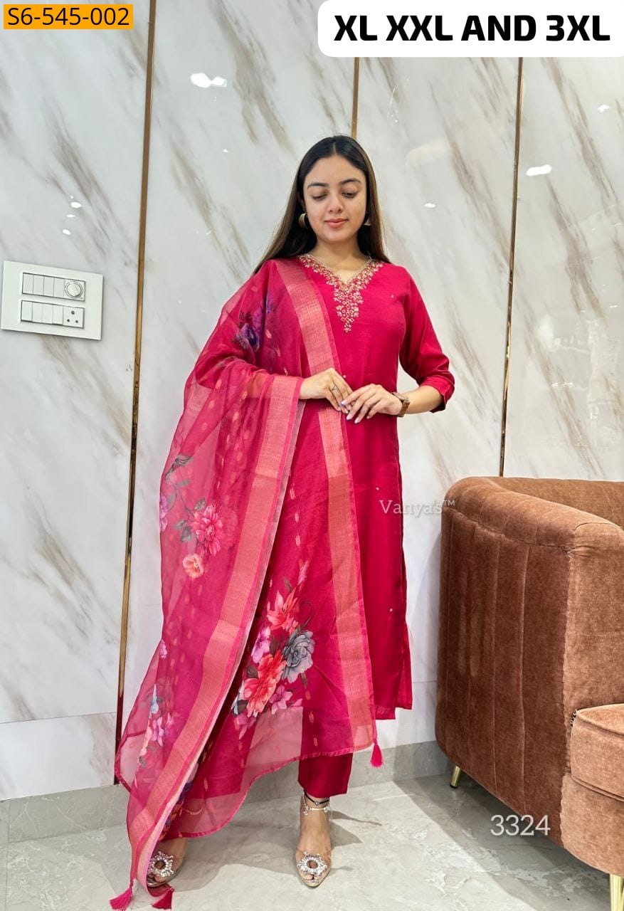 Pink Roman Silk kurti pant dupatta set
