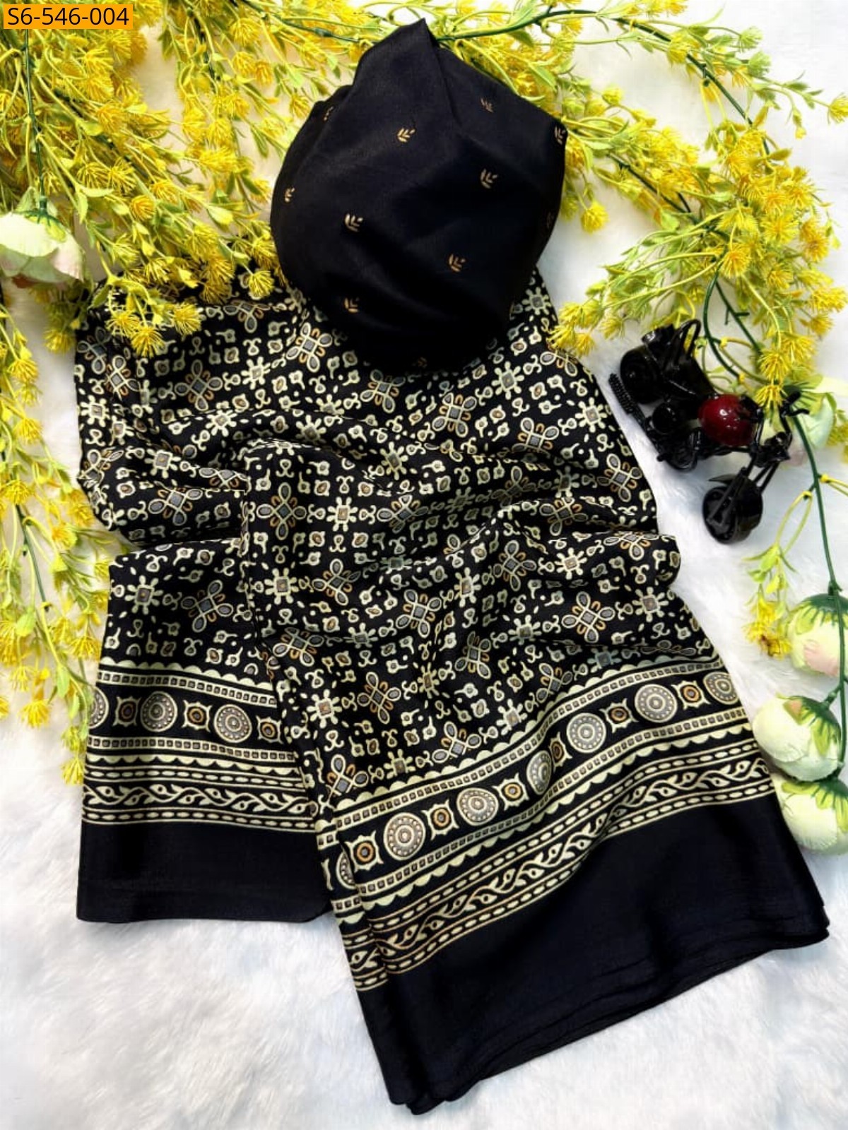 Black Fancy Semi Gajji Creap silk Sarees