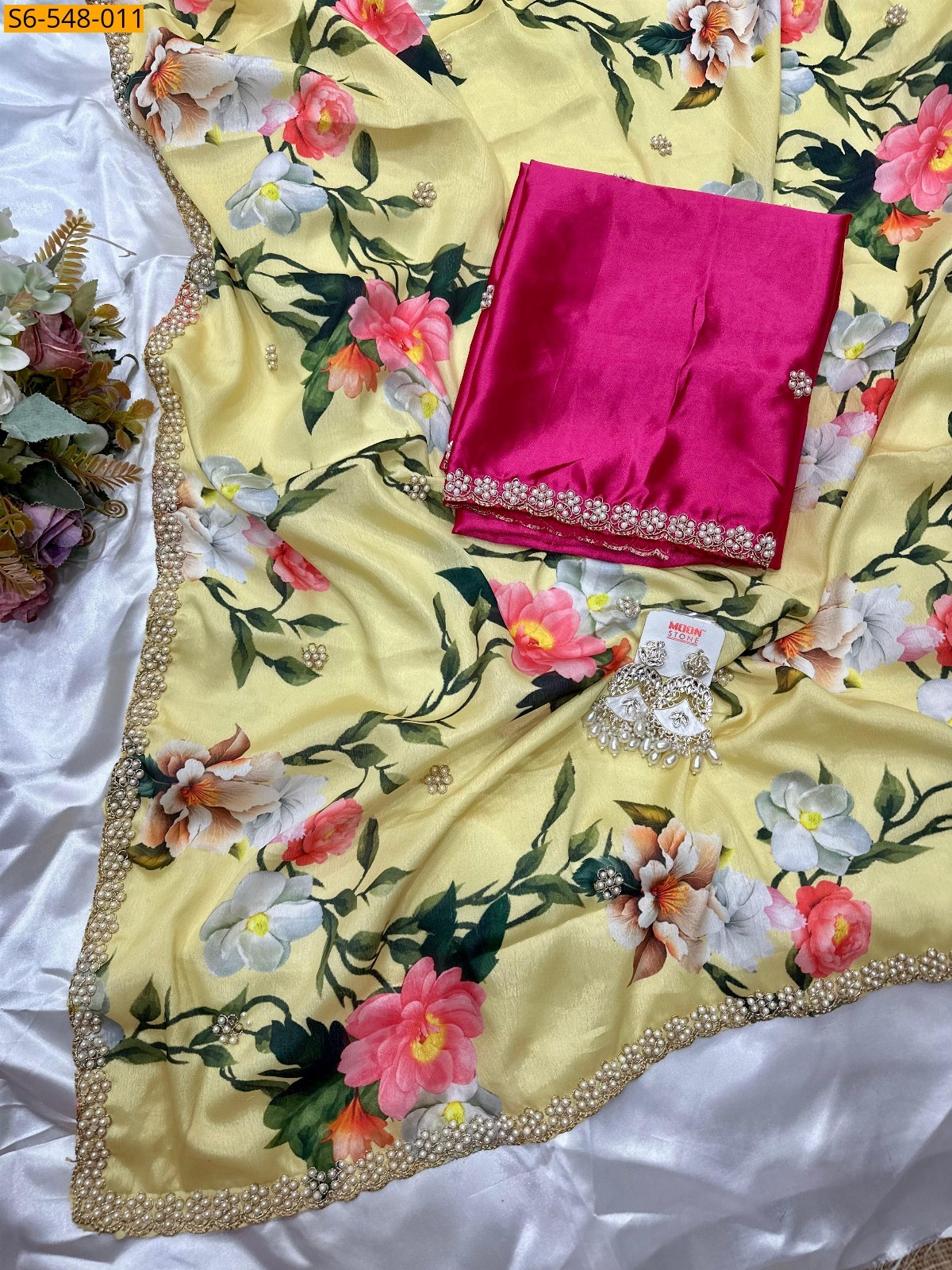 Yellow Fancy Chinnon digital printed Sarees