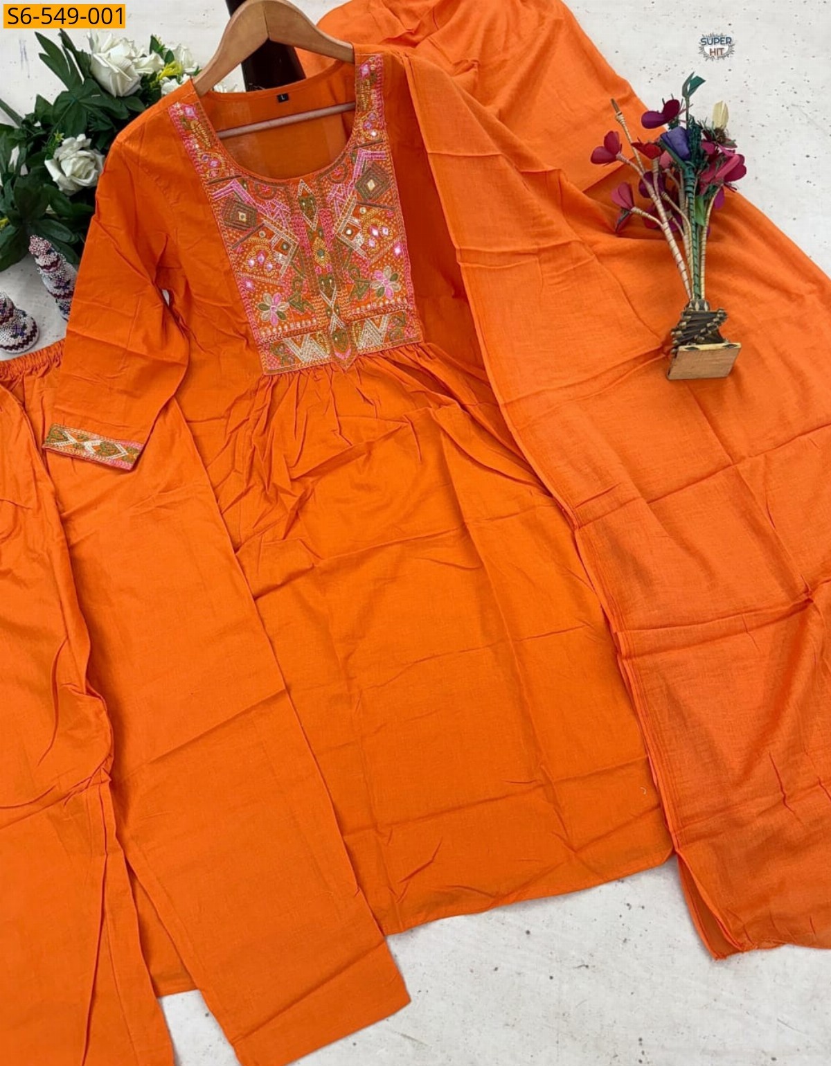 Orange Cotton kurti with Pant and dupatta set