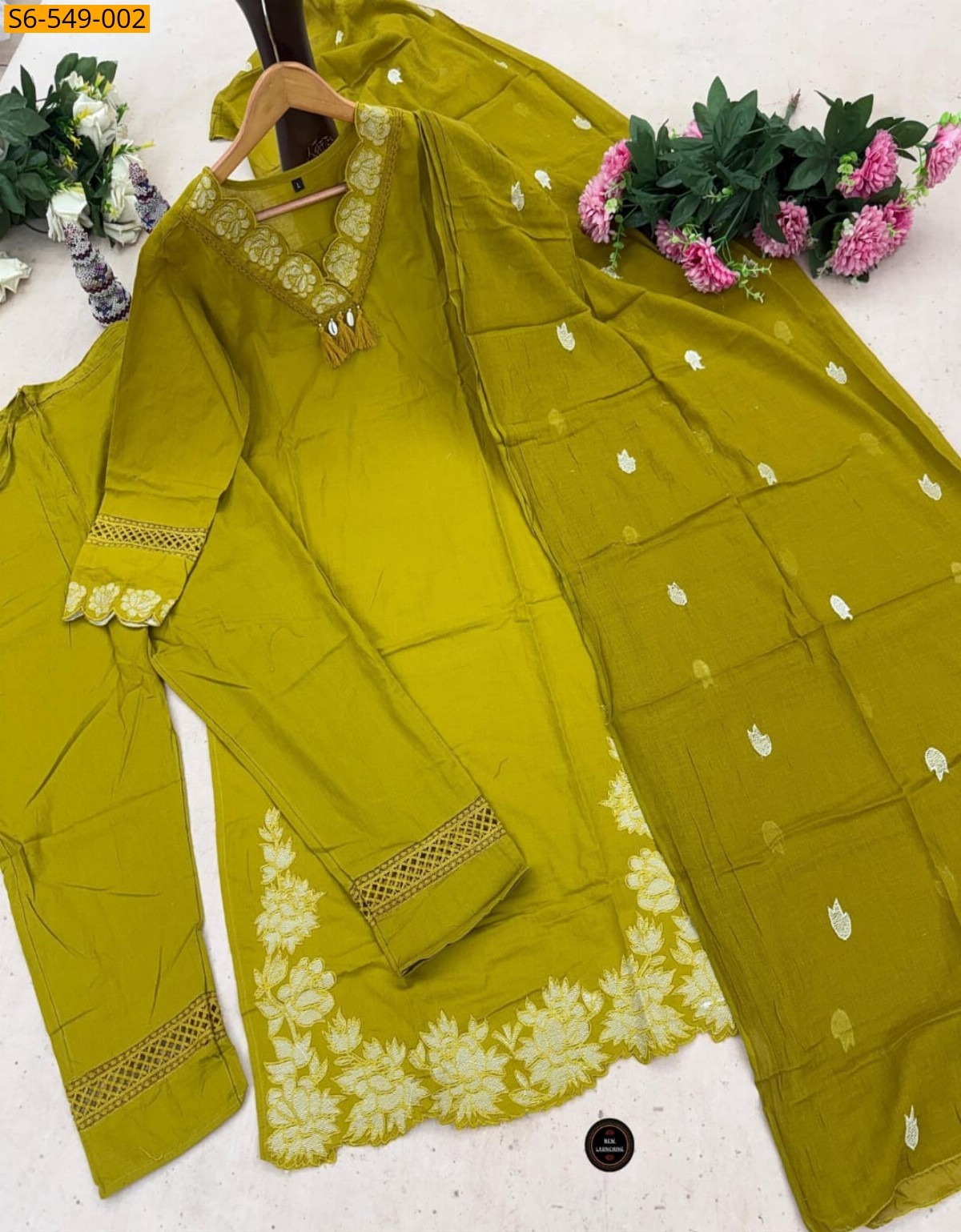 Green Cotton kurti with Pant and dupatta set