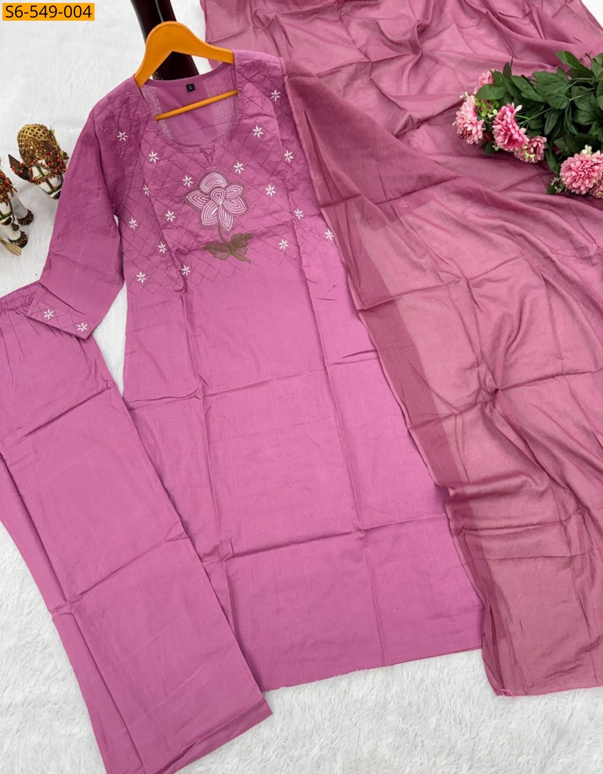 Pink Cotton kurti with Pant and dupatta set