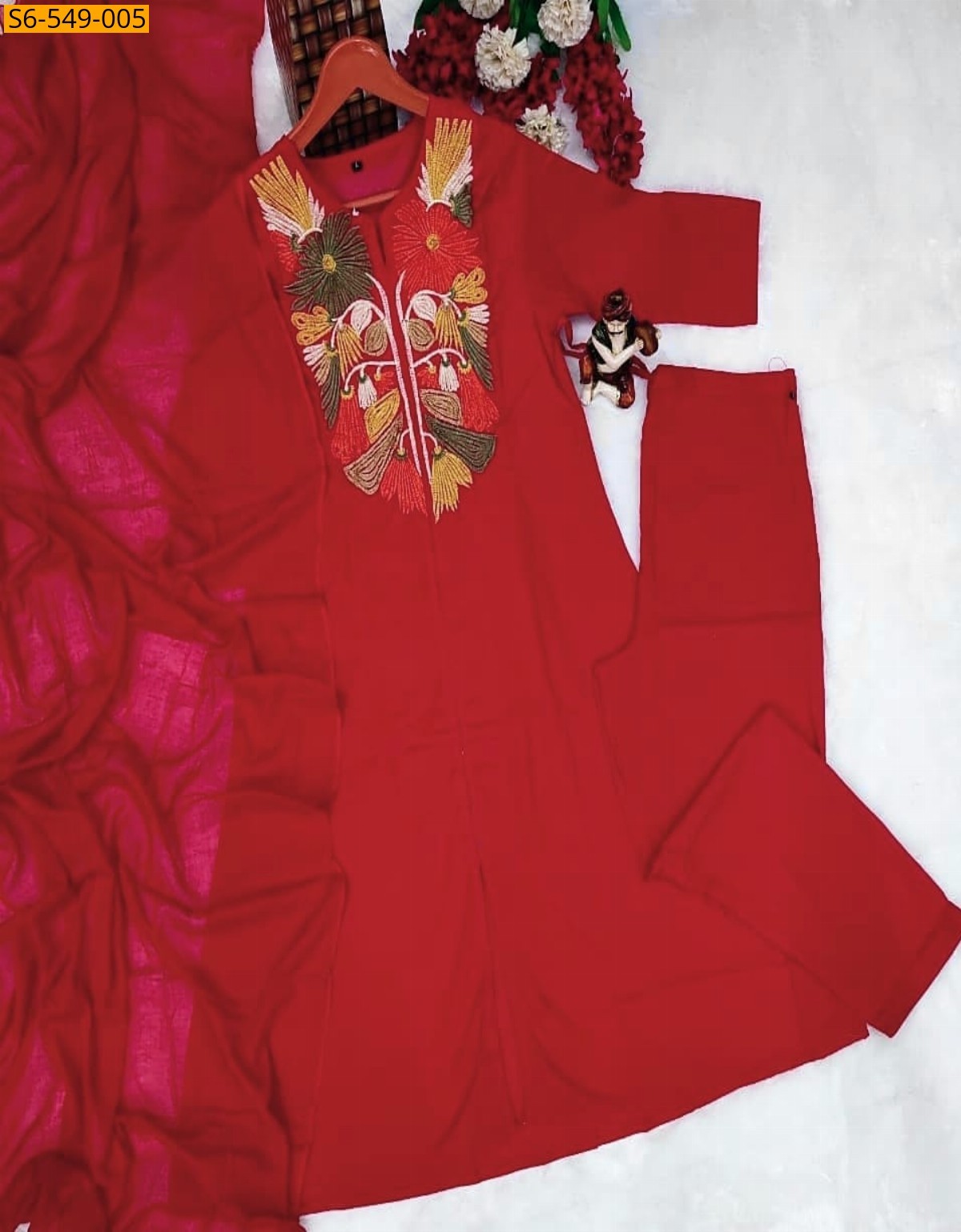 Red Cotton kurti with Pant and dupatta set