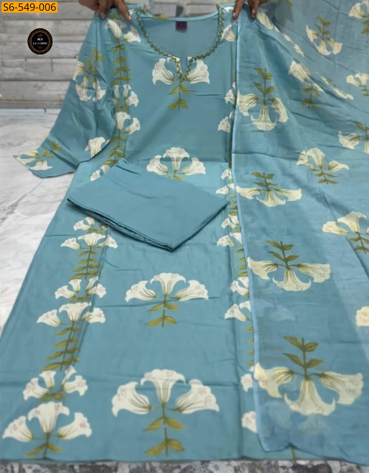 Blue Cotton kurti with Pant and dupatta set