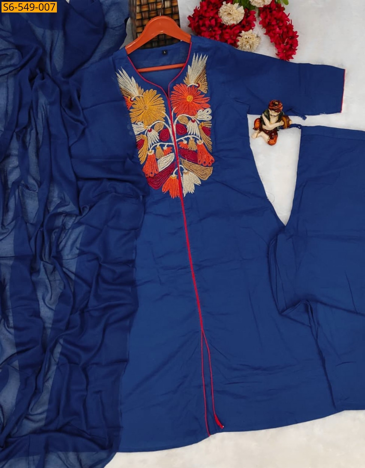 Blue Cotton kurti with Pant and dupatta set