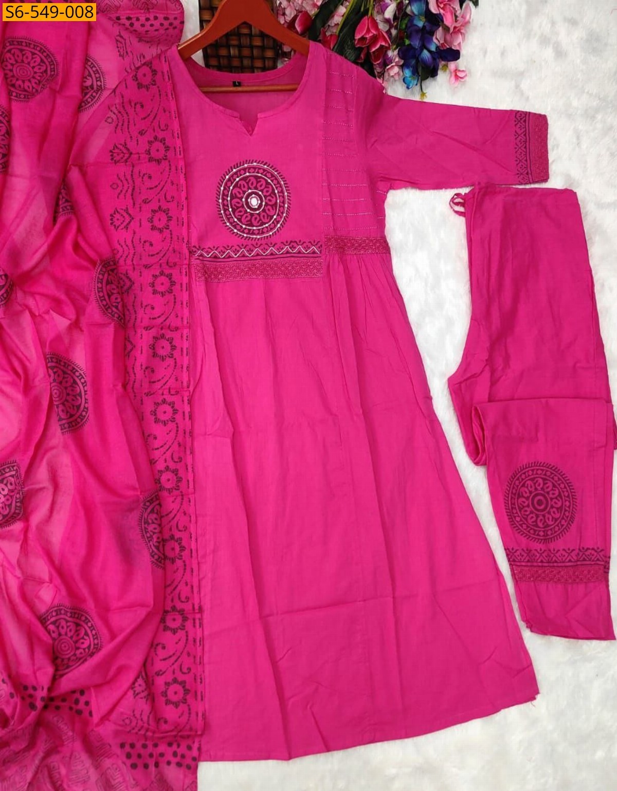 Pink Cotton kurti with Pant and dupatta set
