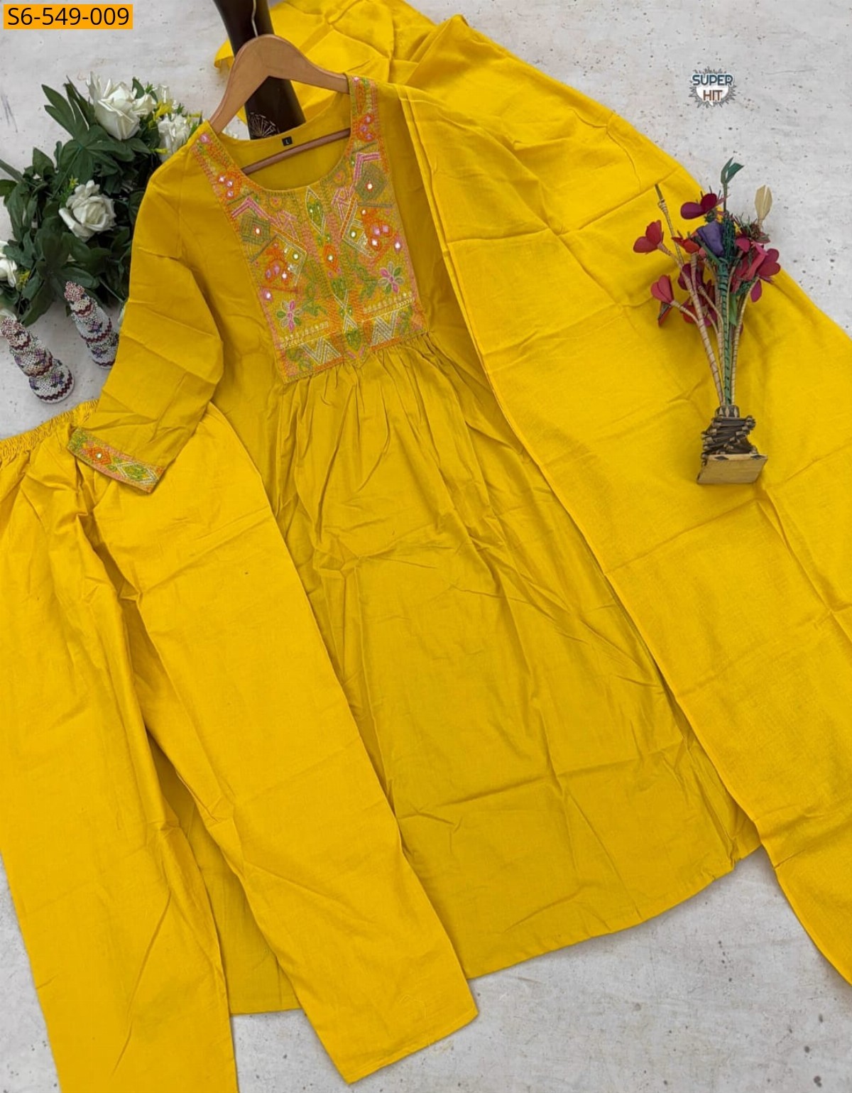Yellow Cotton kurti with Pant and dupatta set
