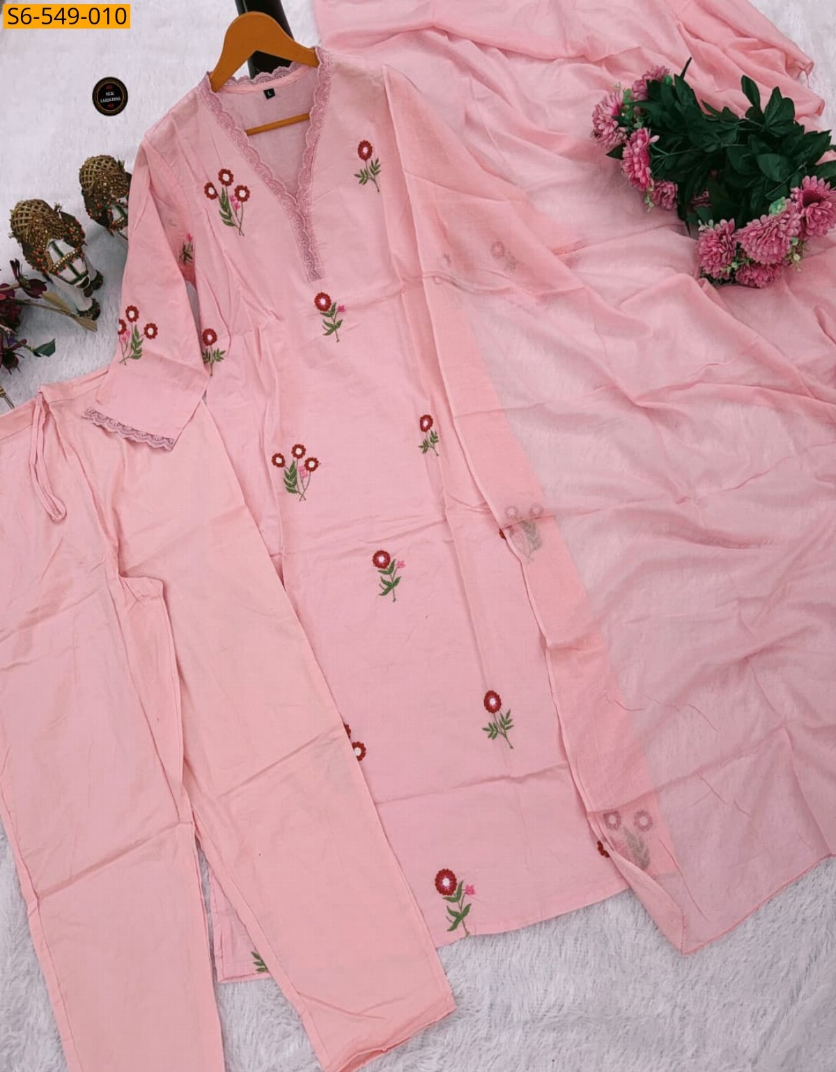 Baby pink Cotton kurti with Pant and dupatta set