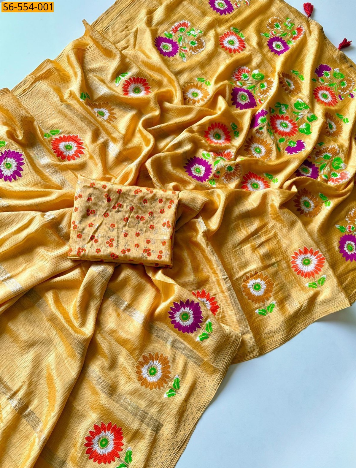 Yellow Fancy Soft Chinnon Silk Saree