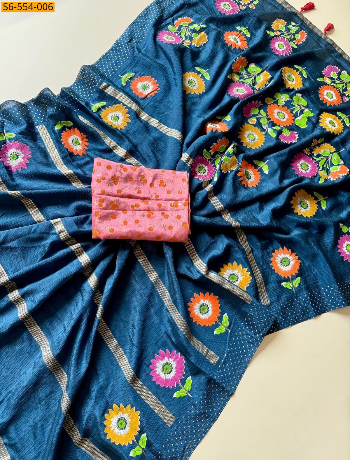 Blue Fancy Soft Chinnon Silk Saree