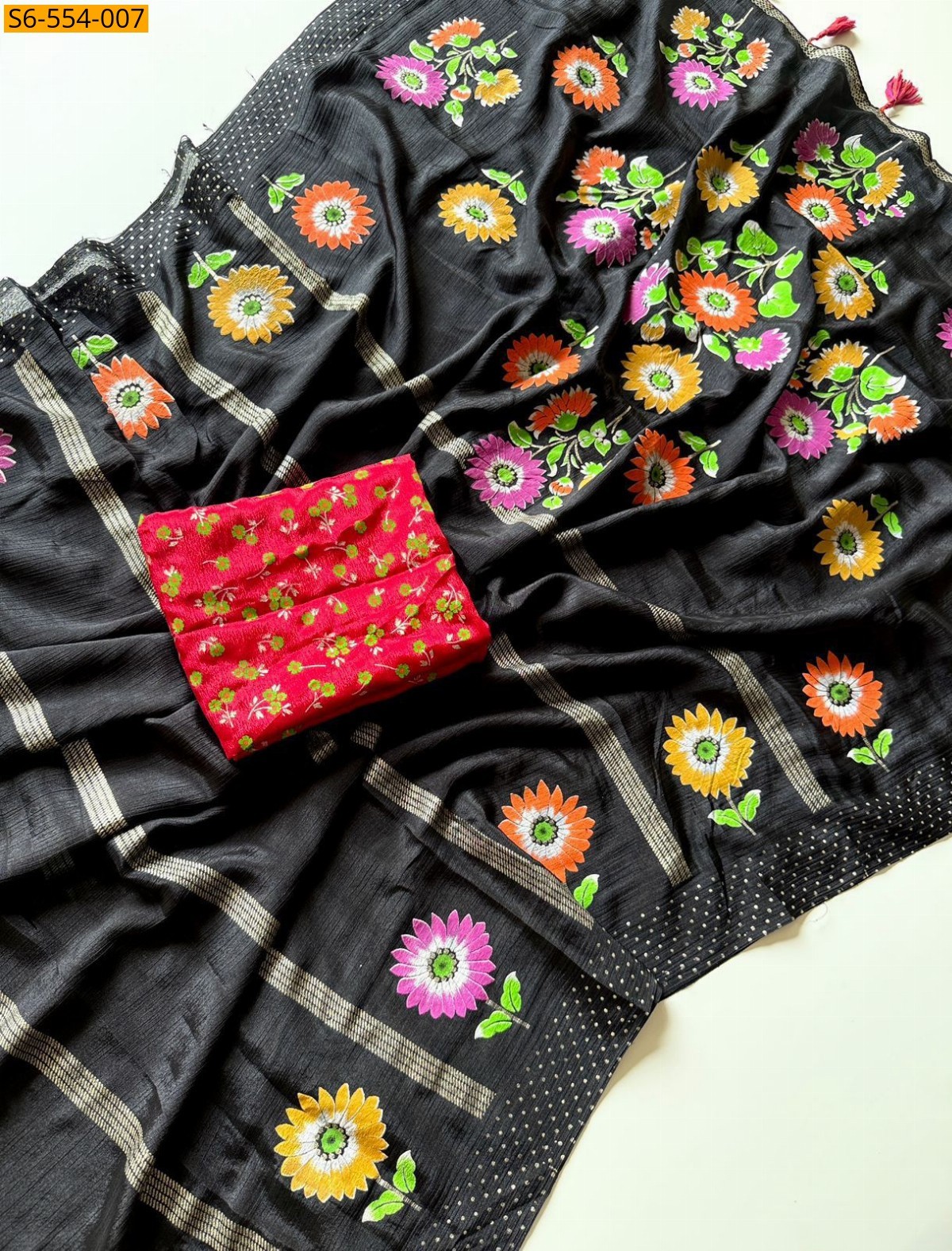 Black Fancy Soft Chinnon Silk Saree