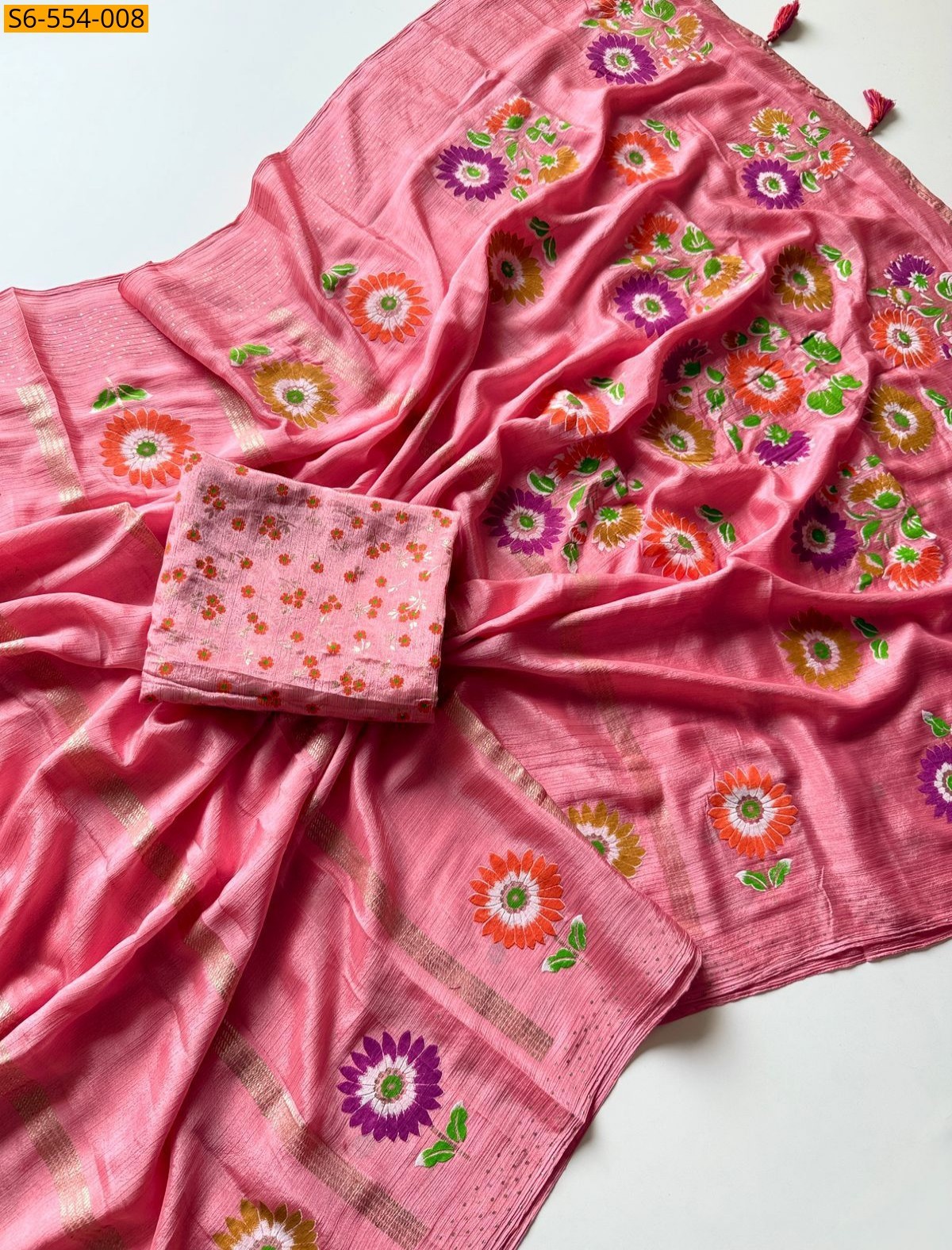 Peach Fancy Soft Chinnon Silk Saree