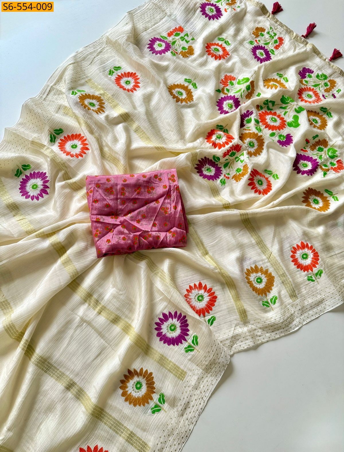 Half white Fancy Soft Chinnon Silk Saree