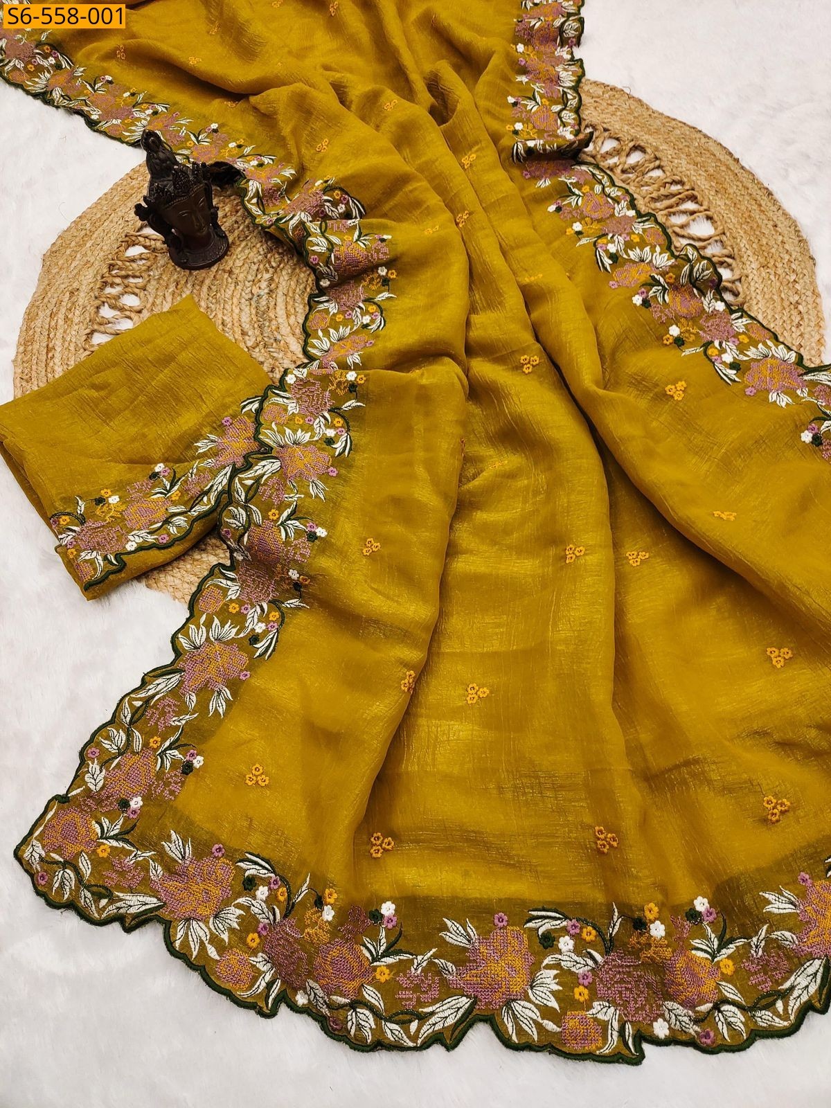 Mustard Crunchy silk cutwork saree