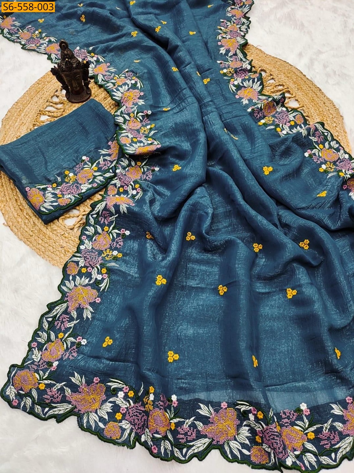 Blue Crunchy silk cutwork saree