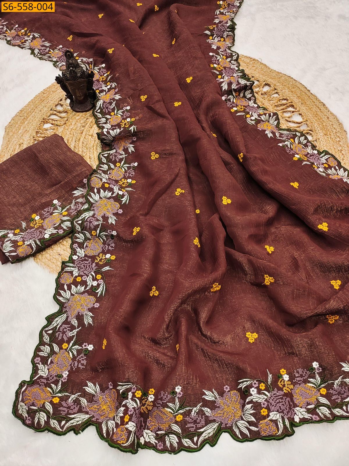 Brown Crunchy silk cutwork saree