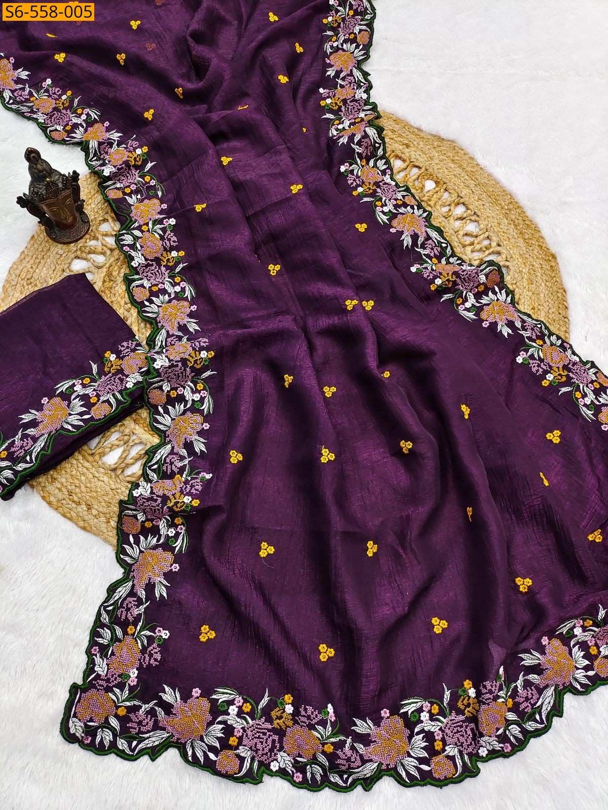 Wine Crunchy silk cutwork saree