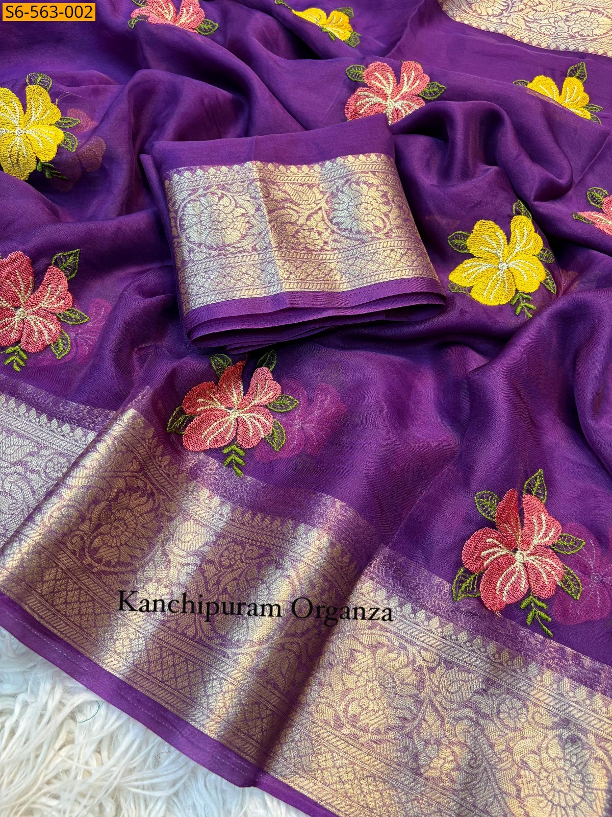 Purple Kanchipuram organza embroidery saree