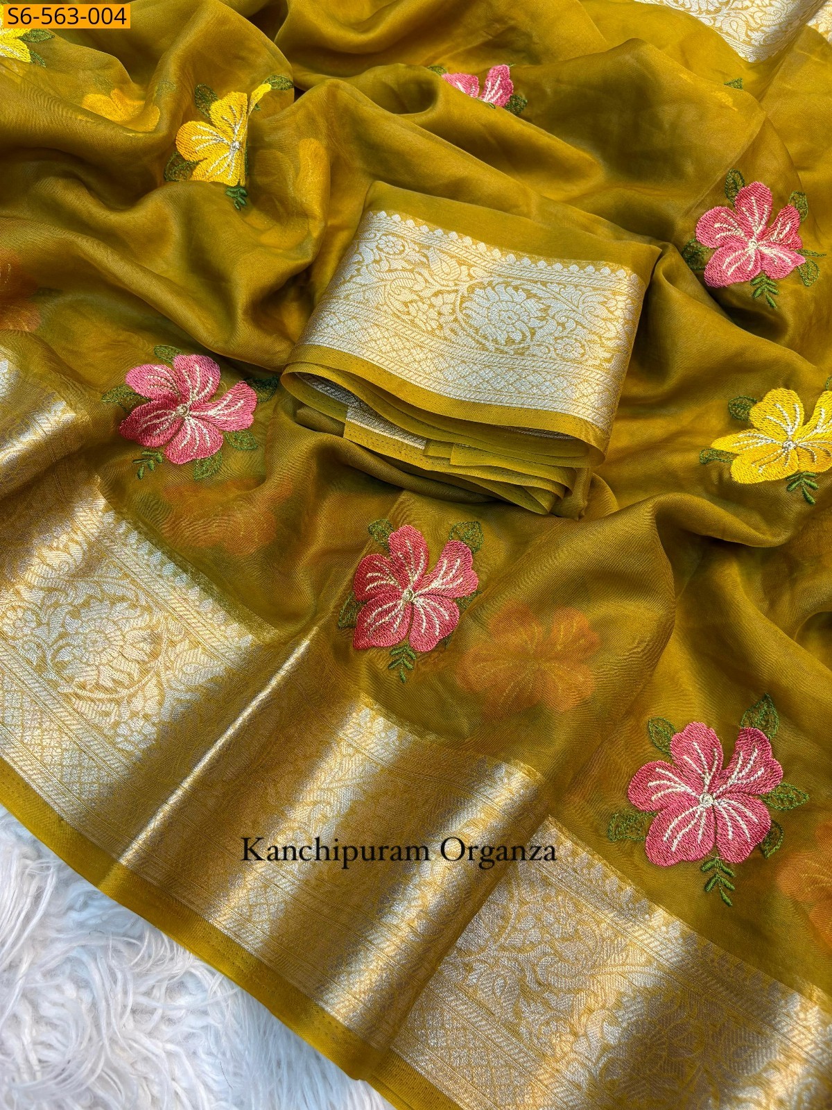 Mustard yellow Kanchipuram organza embroidery saree
