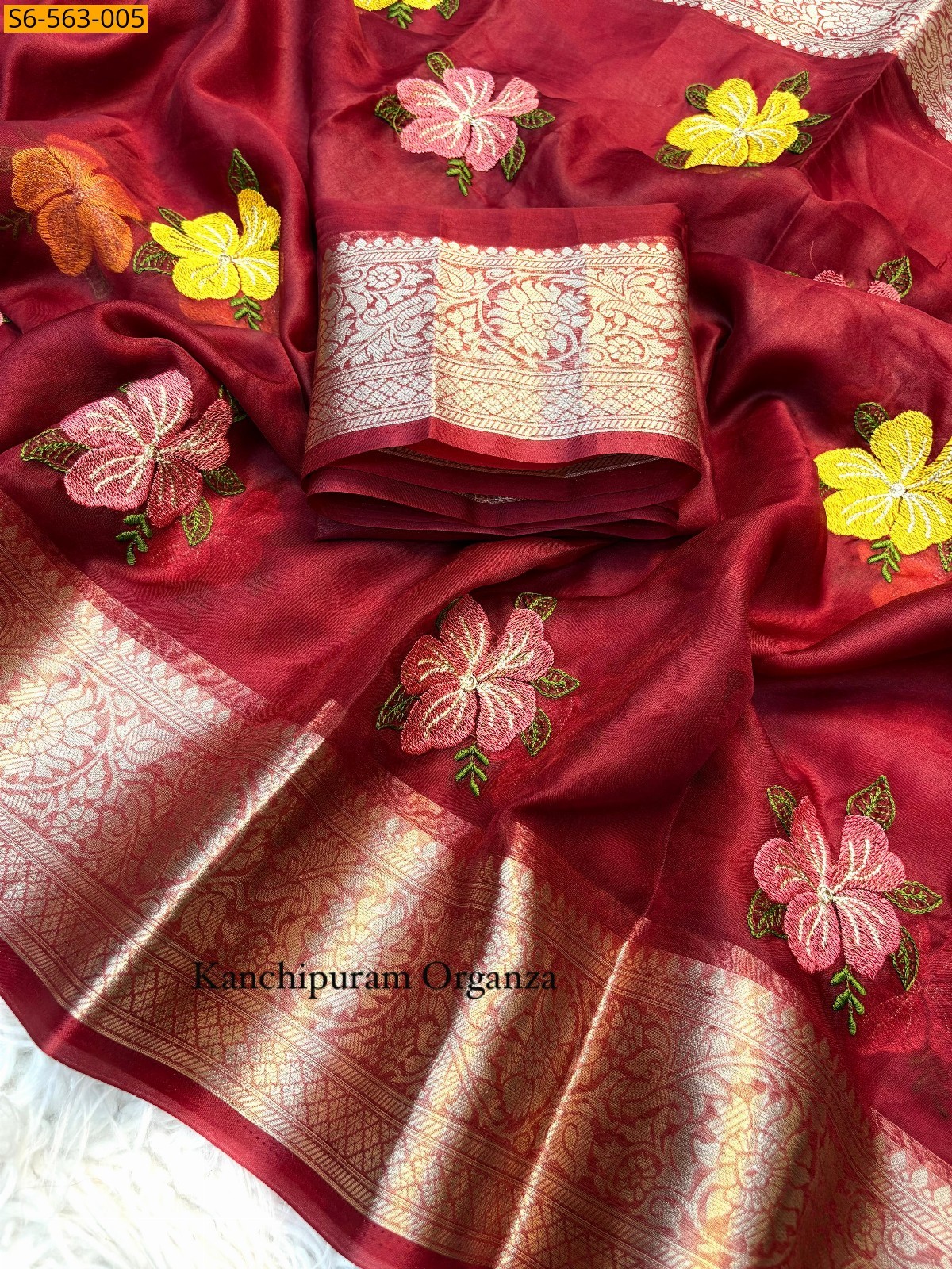 Red Kanchipuram organza embroidery saree
