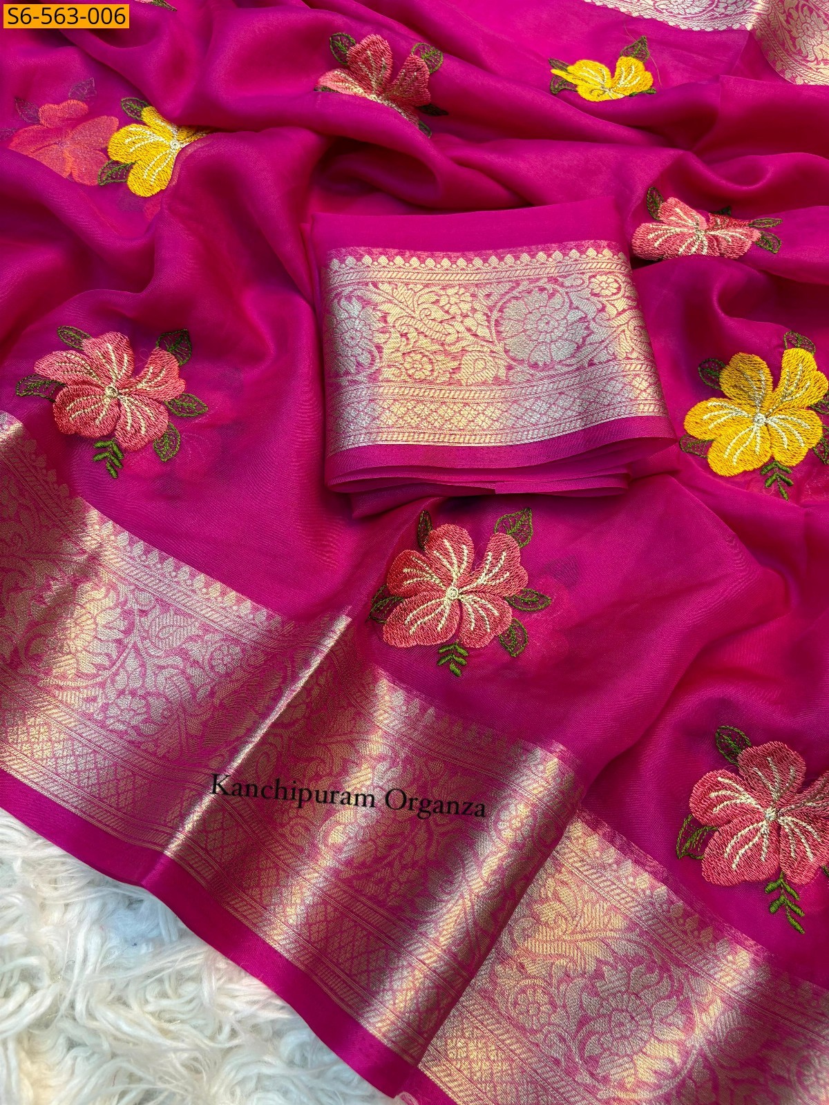 Pink Kanchipuram organza embroidery saree