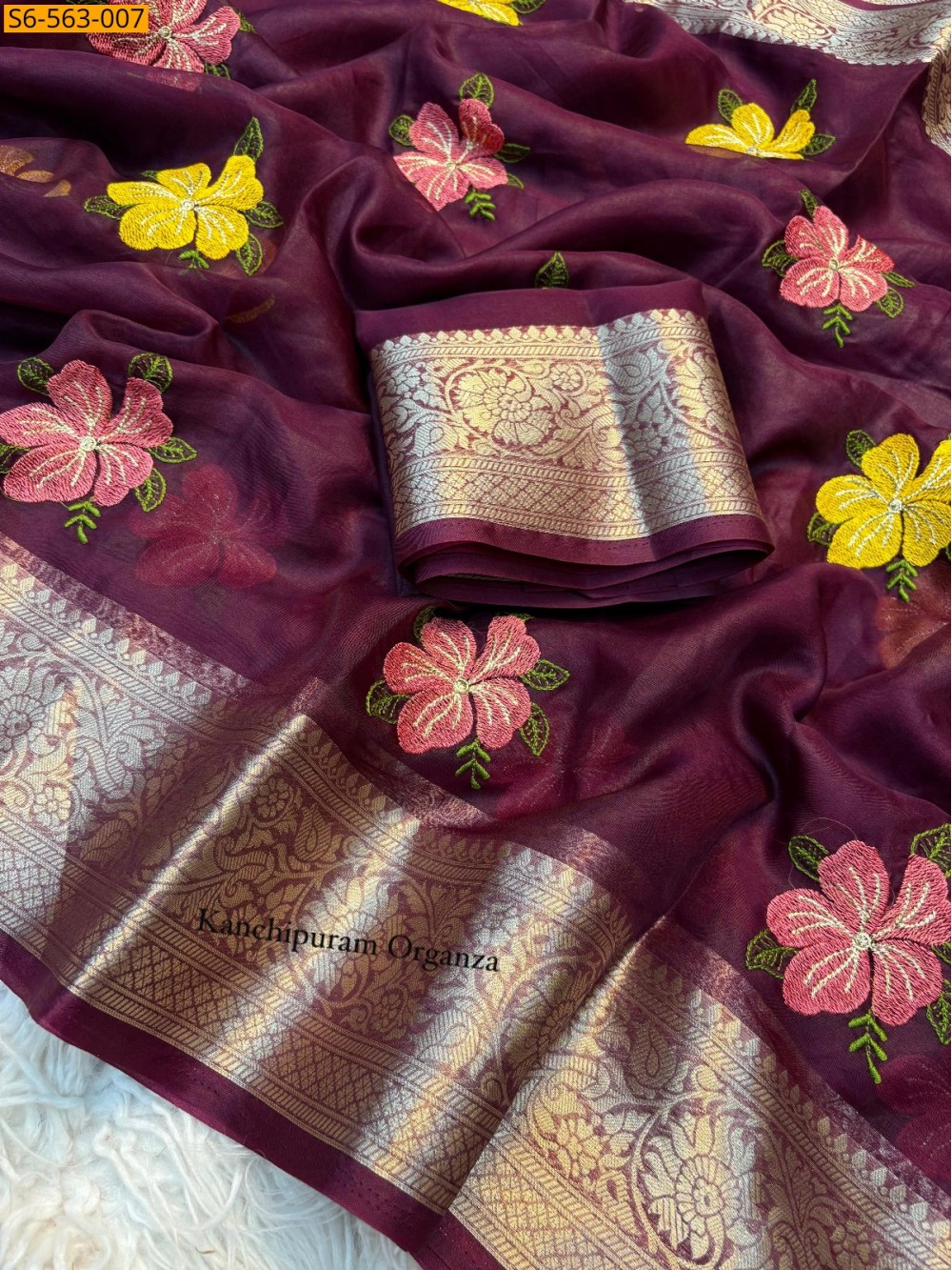Kanchipuram organza embroidery saree
