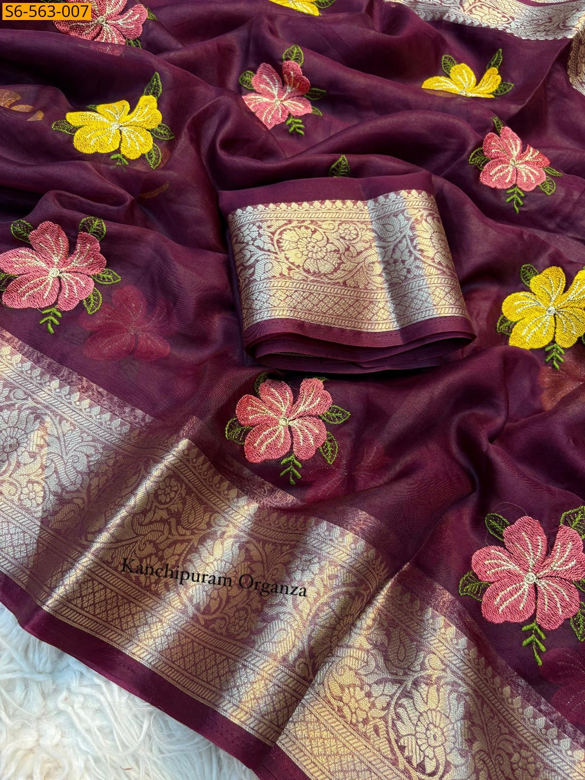 Maroon Kanchipuram organza embroidery saree