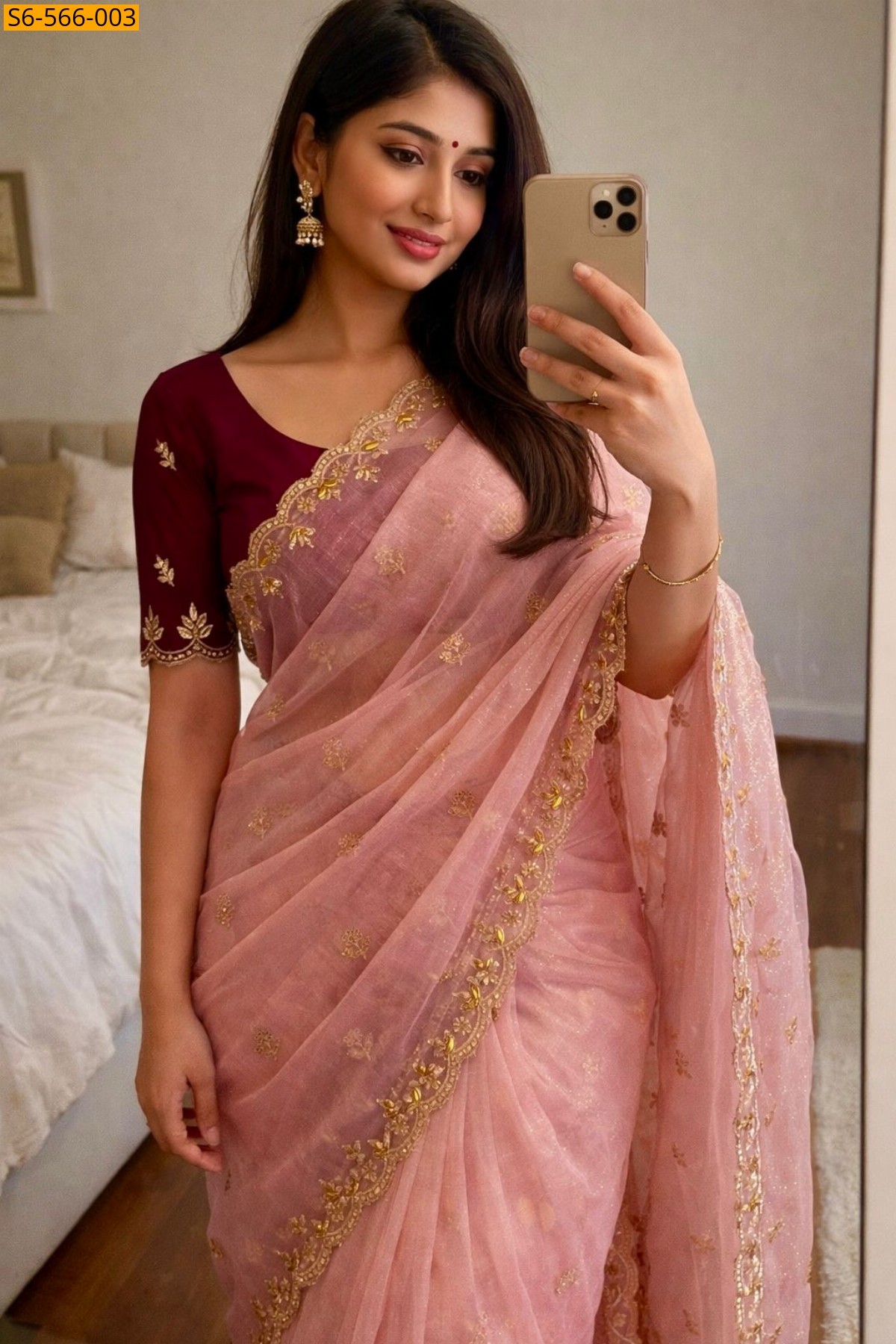 Peach Soft twills organza saree