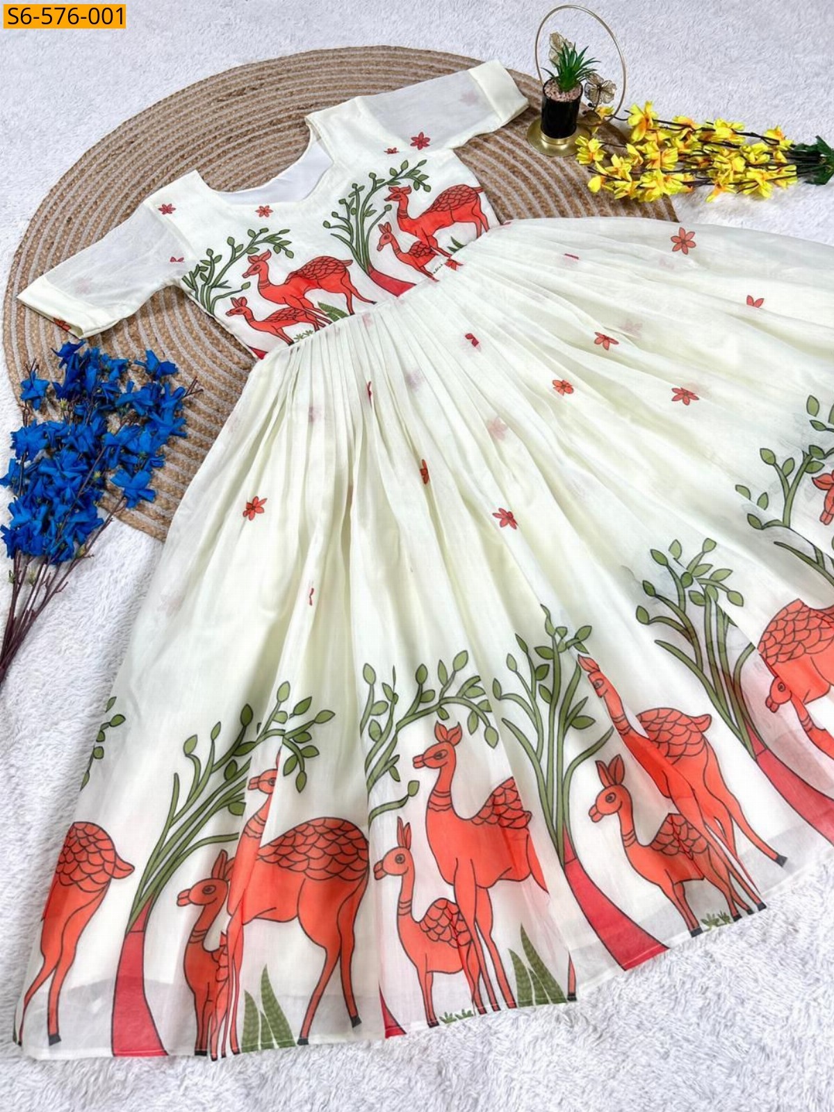 Chanderi Floral Midi Gown - White