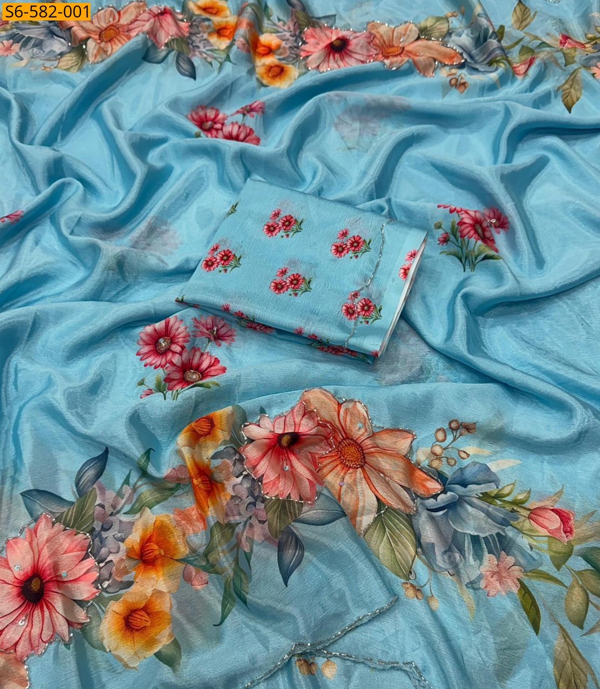 Sky Blue Soft chinon silk Sarees
