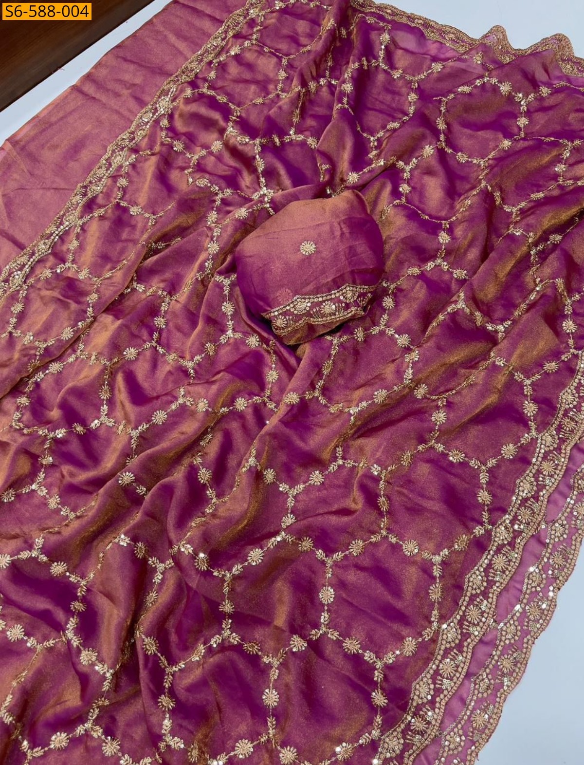 Rani Pink Moss Sattin Dual Shade saree