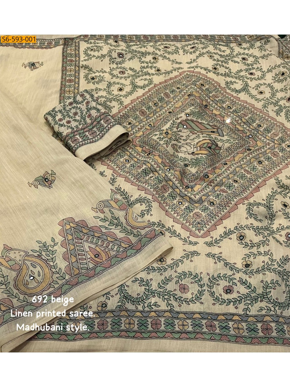 Madhubani linen printed saree