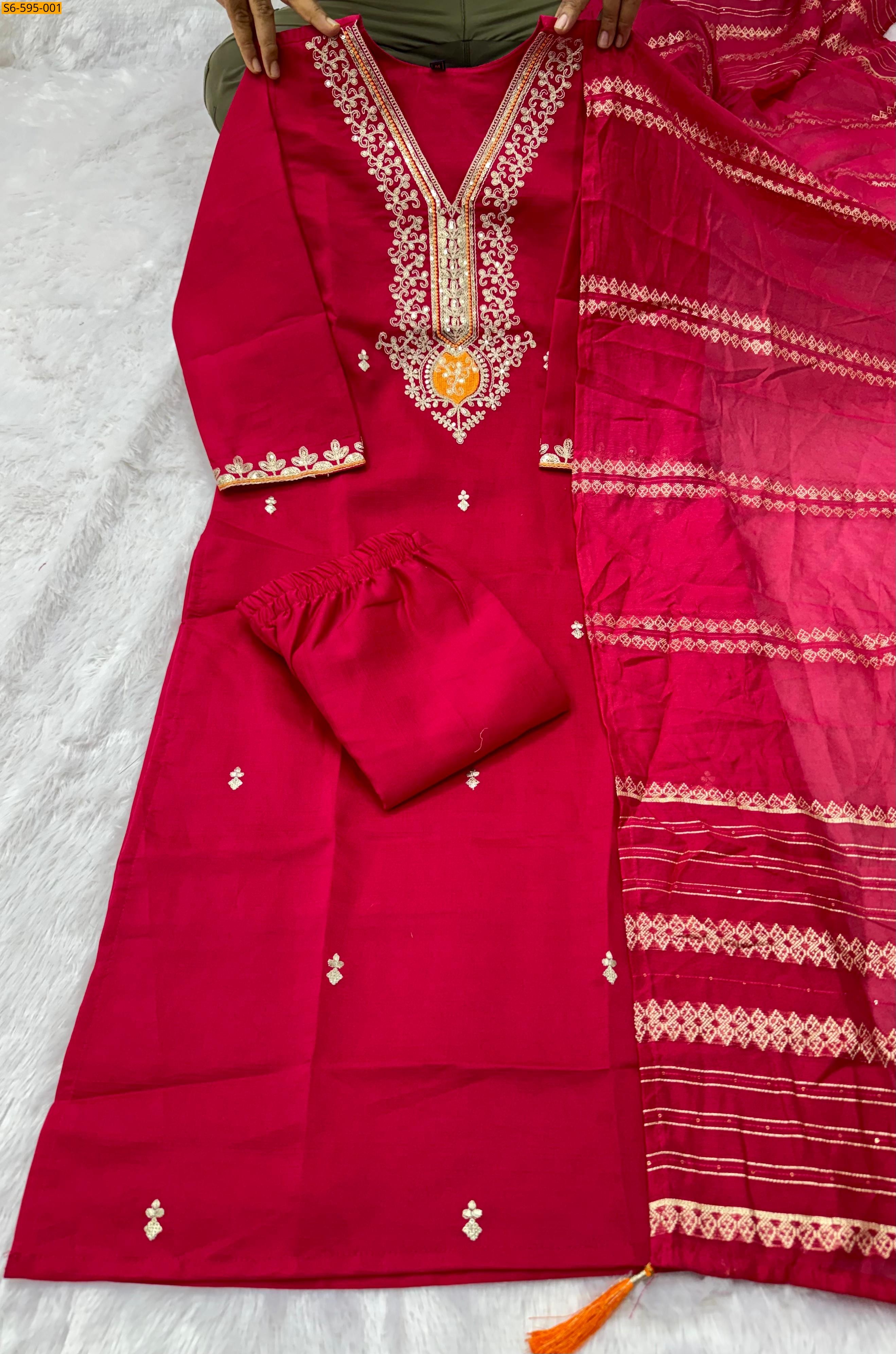 Red Vatican Silk Kurti Pant Dupatta Set
