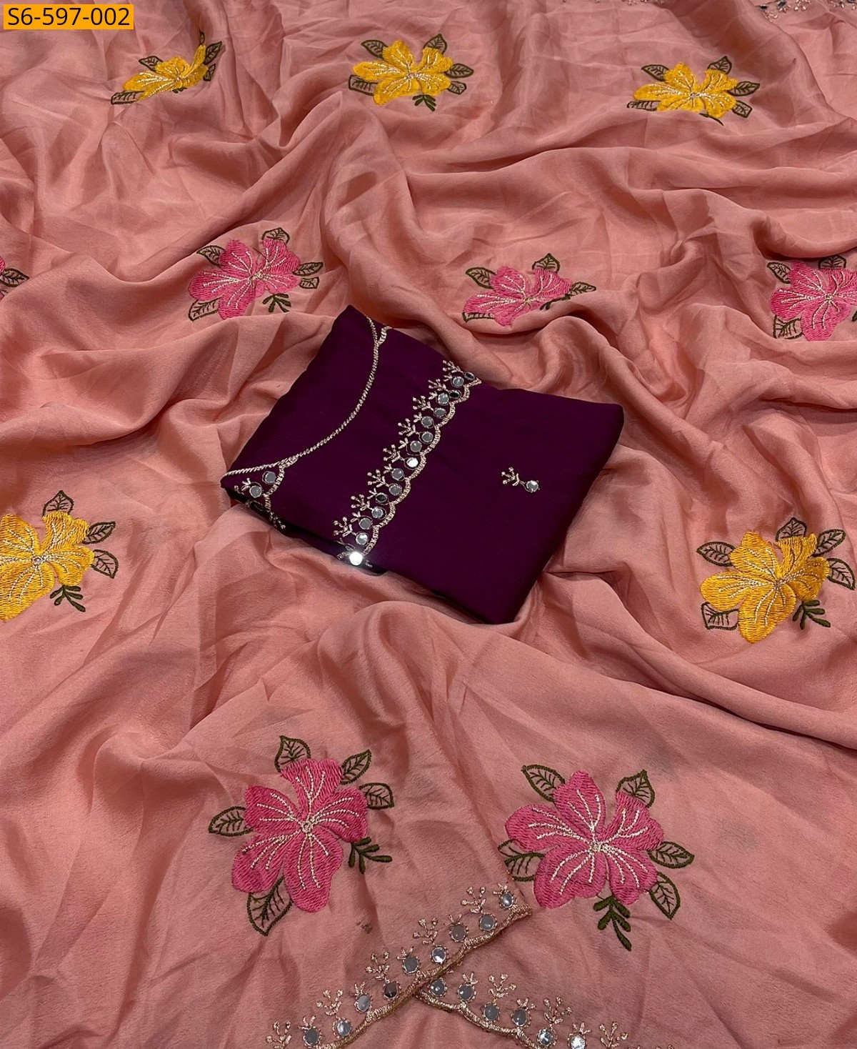 Peach Soft Chinon silk saree